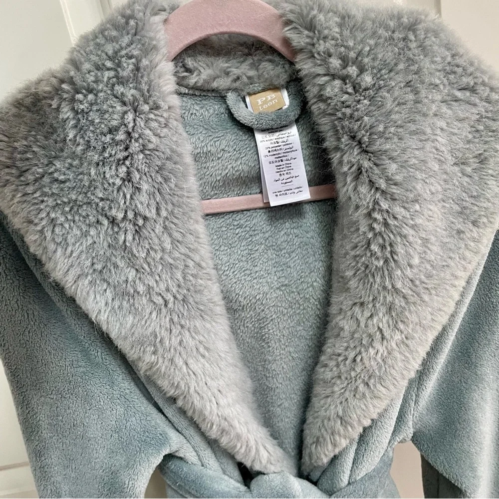 PB Teen Luxury Plush Robe Blue Faux Fur Shawl Collar One Size Belted Cozy Soft